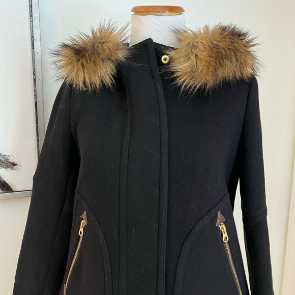 J. Crew Women's Black Stadium Cloth Wool Coat with Faux Fur Hood Size 0 - Picture 2 of 10